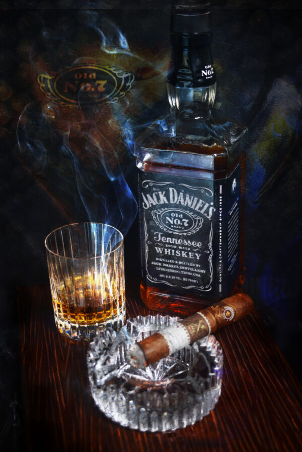 Jack Daniel's Bourbon and Montecristo Espada Cigar Wall Art by Artist Michael John Valentine of Cornelius North Carolina