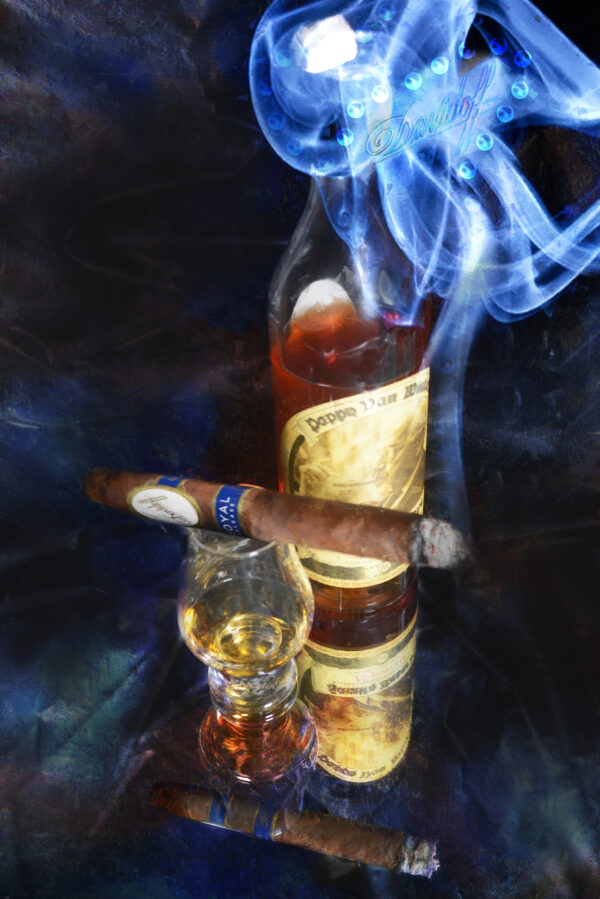 Davidoff Royal Cigar with Pappy Van Winkle's Bourbon String of Pearls Fine Art Painting on Canvas by Artist Michael John Valentine of Charlotte