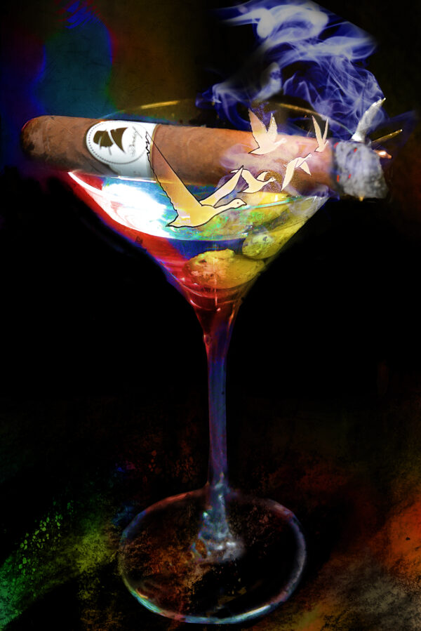 Grey Goose Martini in flight over a Davidoff Cigar Fine Art Painting on canvas by artist Michael John Valentine of Huntersville North Carolina