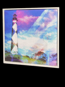 9 x 9 Cape Lookout Lighthouse on Canvas with White Frame Fine Art Original Painting