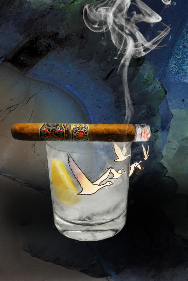 Flying Grey Goose Vodka and Fuente Opus X Cigar on Canvas by Artist Michael John Valentine of Davidson North Carolina