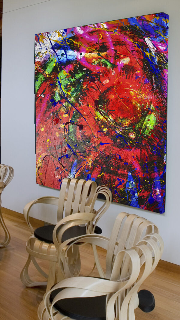 Abstract acrylics on canvas painting titled Psychology Of Colors 28 x 42 in studio