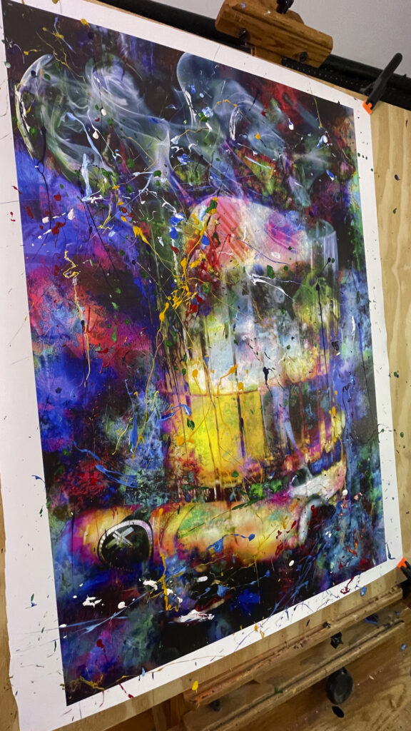 Abstract acrylics on canvas painting titled Davidoff Cigar 28 x 42 in studio