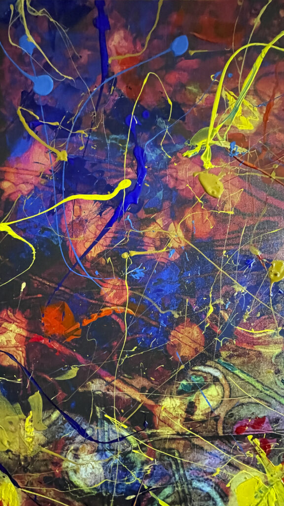 Abstract acrylics on canvas painting titled Siente El Amor 28 x 42 in studio