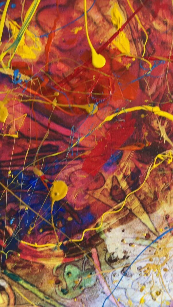 Abstract acrylics on canvas painting titled Siente El Amor 28 x 42 in studio