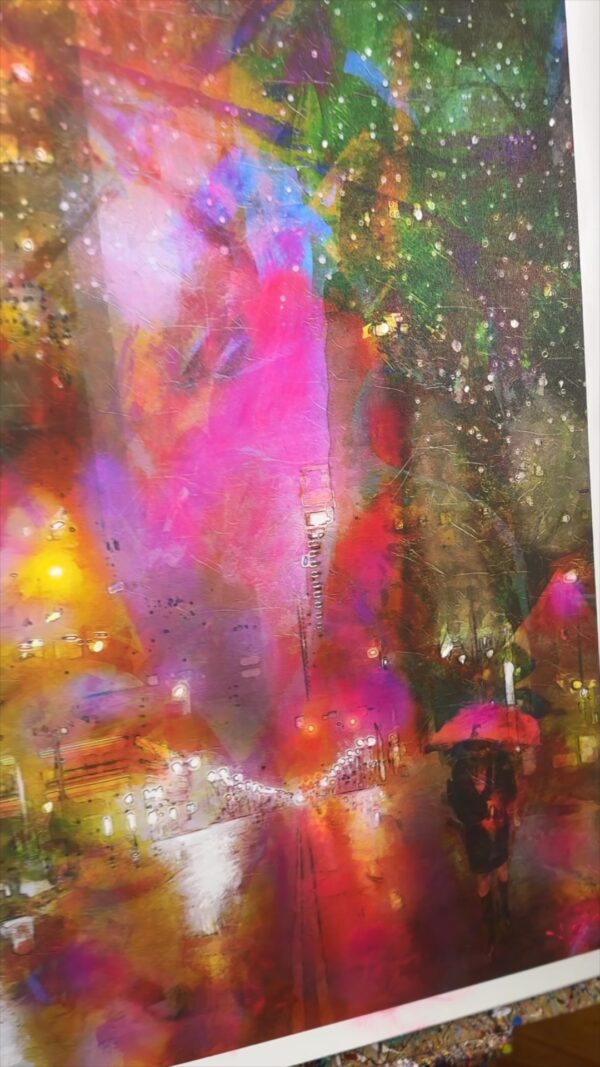 Abstract Modern Wall Art Titled Charlotte City Walk Red Umbrella Painting On Canvas 28 x 42 by artist Michael John Valentine