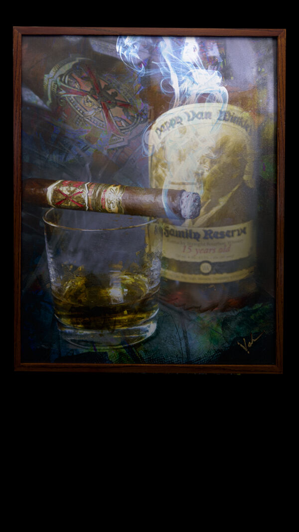 Pappy Van Winkle Bourbon and Fuente Opus X Cigar on canvas bt artist Michael John Valentine