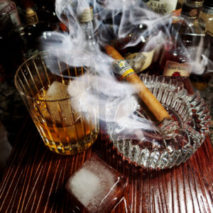 Cohiba Cuban Cigar and Bourbon over Ice painting on canvas by artist Michael John Valentine