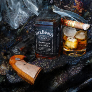 Jack Daniel's Fuente Opus X Cigar and Colt Revolver on canvas by artist Michael John Valentine
