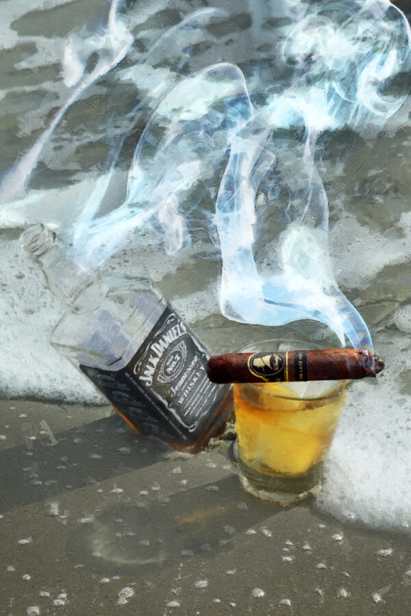 Jack Daniel's and Late Hour Davidoff Cigar In The Surf by artist Michael John Valentine
