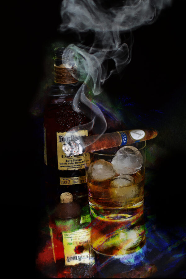 Davidoff Royal Cigar and Four Roses Bourbon Painting On Canvas by artist Michael John Valentine