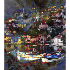 Kotor Montenegro Village and Boats Abstract Painting on canvas by artist Michael John Valentine