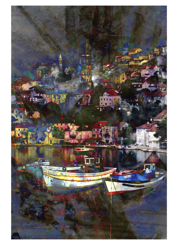 Kotor Montenegro Village and Boats Abstract Painting on canvas by artist Michael John Valentine