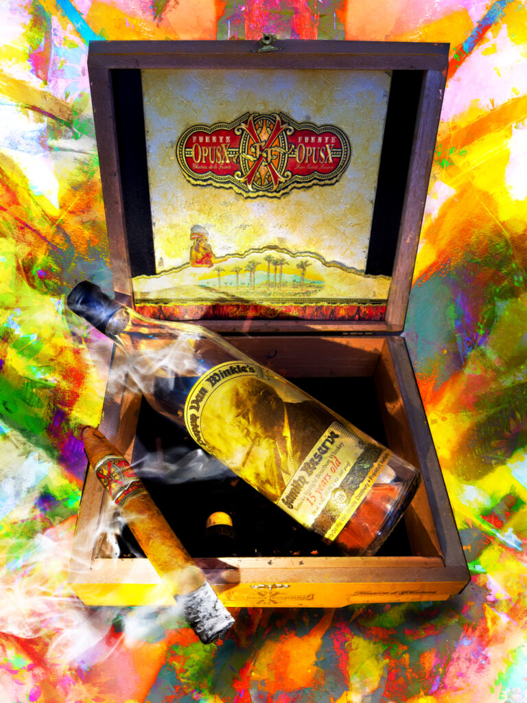Down to the last drops and puffs Opus X and Pappy 15 year painting