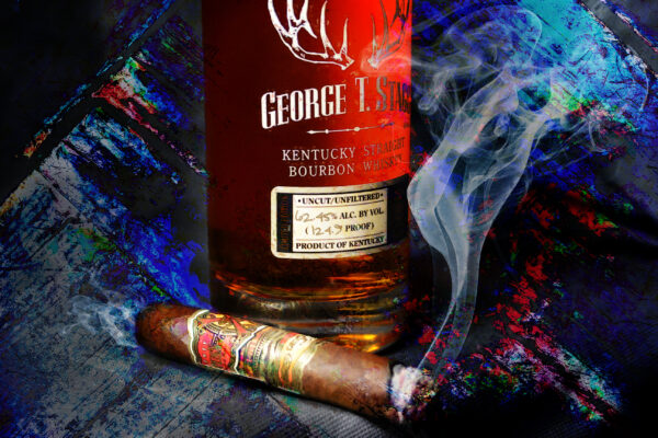 George T Stagg Bourbon and Fuente Opus X Cigar painting on canvas by artist Michael John Valentine