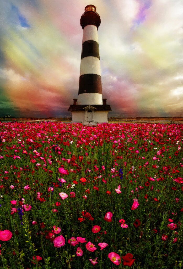 The Poppy Flowers of Bodie Island Lighthouse Outer Banks North Carolina Painting by artist Michael John Valentine