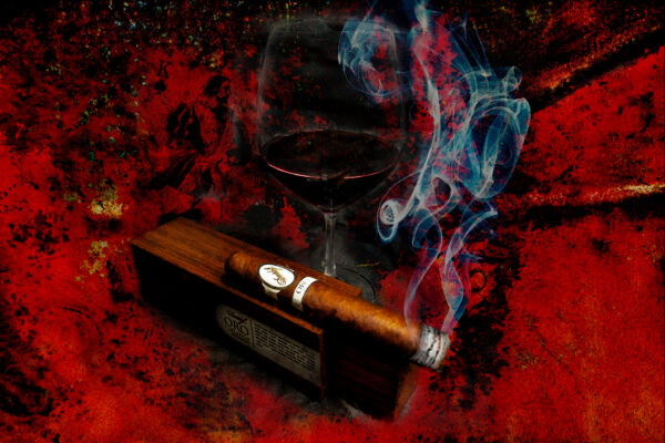 Davidoff ORO Blanco Cigar and Wine Mixed Media Painting by artist Michael John Valentine
