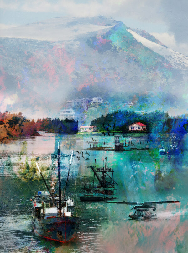 Juneau Alaska Abstract Boats Seaplane and Village Painting