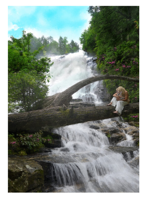 Lady holding a fawn painting by a mountain waterfall in North Carolina