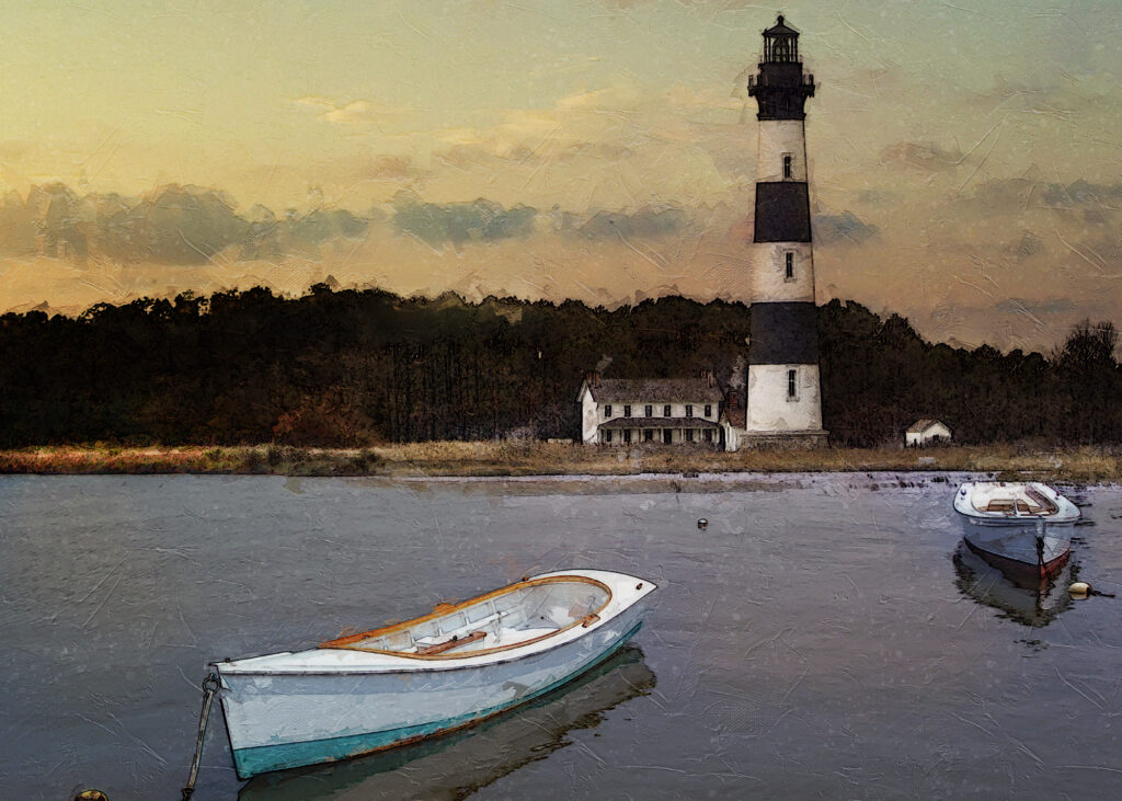 11 x 14 Fine Art Matted Print Bodie Island Lighthouse Boats