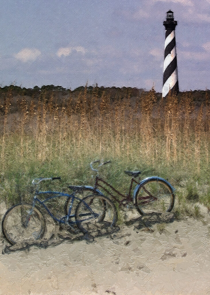 11 x 14 fine art matted print Cape Hatteras Lighthouse bikes OBX