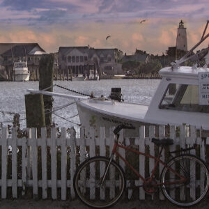 11 x 14 Fine Art Matted Print Ocracoke Lighthouse Boat and Bike OBX