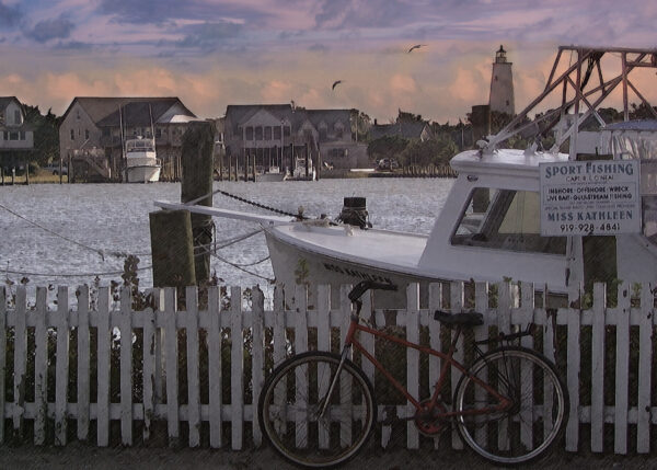 11 x 14 Fine Art Matted Print Ocracoke Lighthouse Boat and Bike OBX