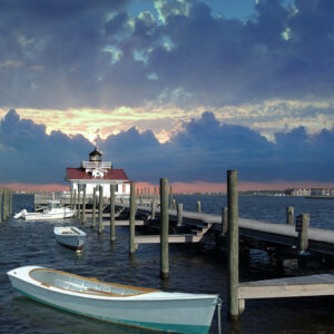 11 x 14 fine art matted print Roanoke Marsh Lighthouse Boats Manteo North Carolina