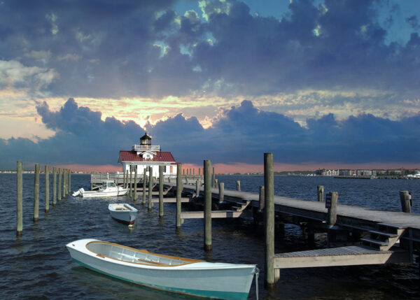 11 x 14 fine art matted print Roanoke Marsh Lighthouse Boats Manteo North Carolina