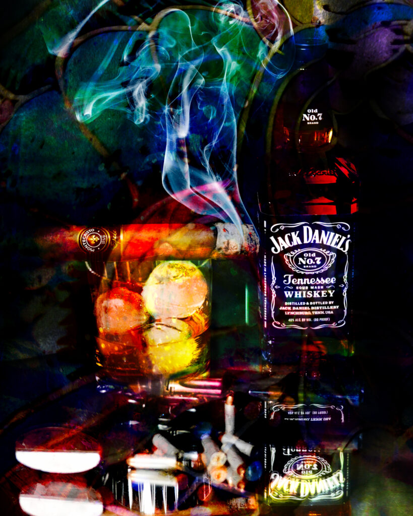 11 x 14 fine art matted print Montecristo Cigar and Jack Daniel's Six Shooter Bourbon