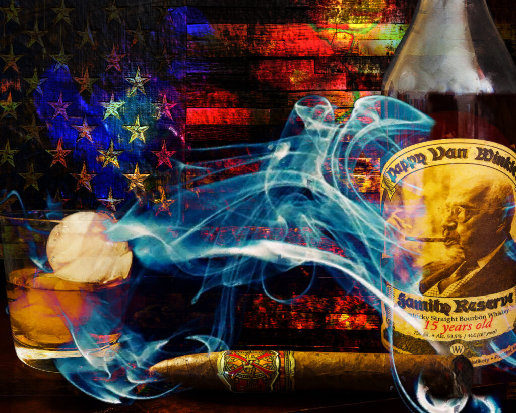 11 x 14 matted fine art print Opus X Cigar with pappy Van Winkle's and American Flag