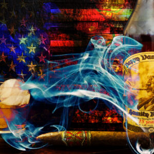 11 x 14 matted fine art print Opus X Cigar with pappy Van Winkle's and American Flag