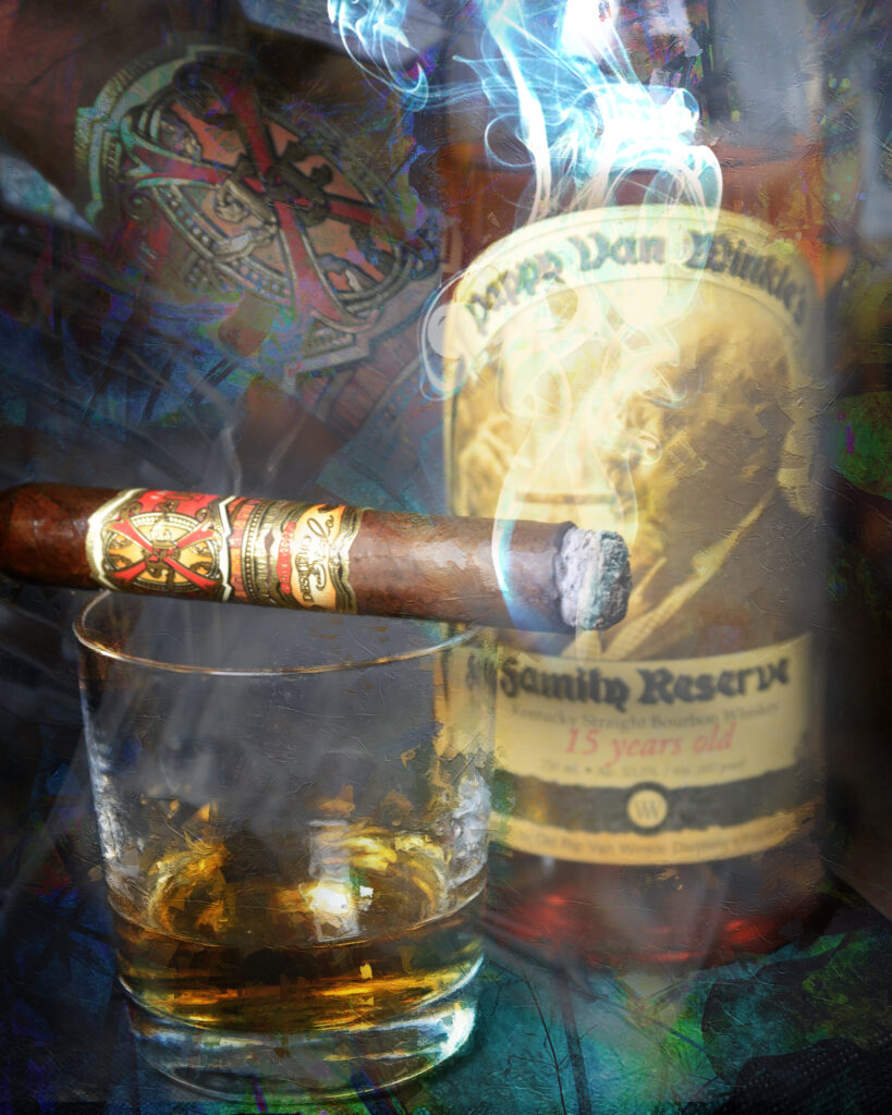 11 x 14 fine art matted print Fuente Opus X Cigar and 15 Year Pappy Van Winkle's Bourbon