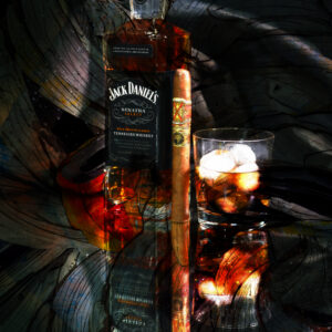 Jack Daniels Sinatra Select Whiskey and Fuente Opus X Stefano Ricci Cigar Painting