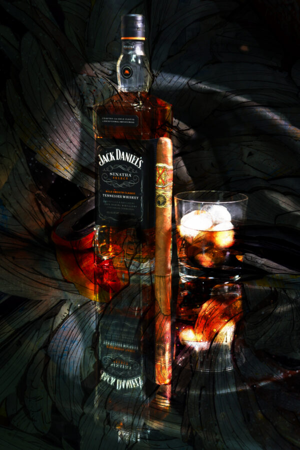 Jack Daniels Sinatra Select Whiskey and Fuente Opus X Stefano Ricci Cigar Painting