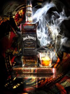 Jack Daniel's Sinatra Select Whiskey and Opus X Lost City Cigar Art