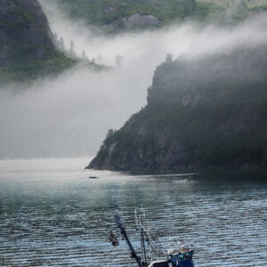 Alaskan Fishing Boat Mountain Fog Photo Painting