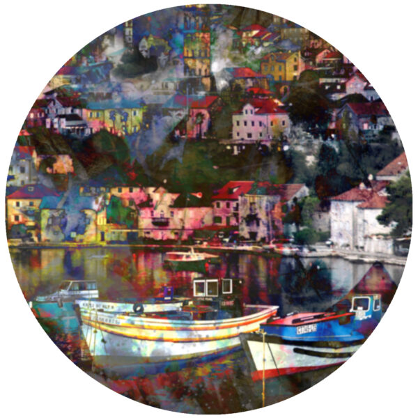 Kotor Montenegro Village and Boats Abstract