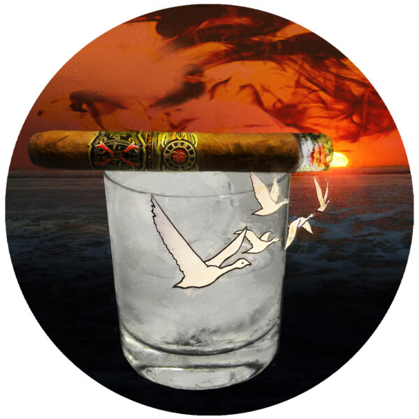 Grey Goose Vodka and Fuente Opus X Cigar flying off into the sunset decal