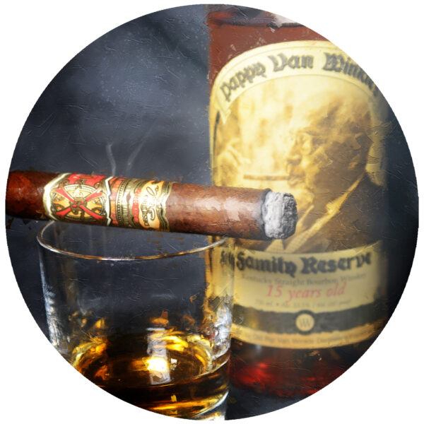 Arturo Fuente Opus X Cigar and 15 Year Pappy Van Winkle Bourbon Art