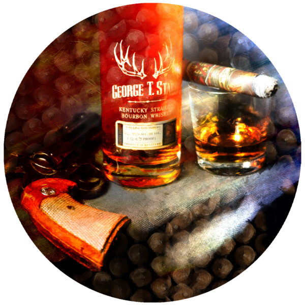 Colt Diamondback Revolver and Opus X Cigar with George T Stagg Bourbon Art