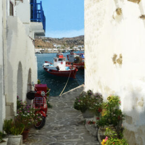 Red Bike Red Boat Paros Greece Fine Art