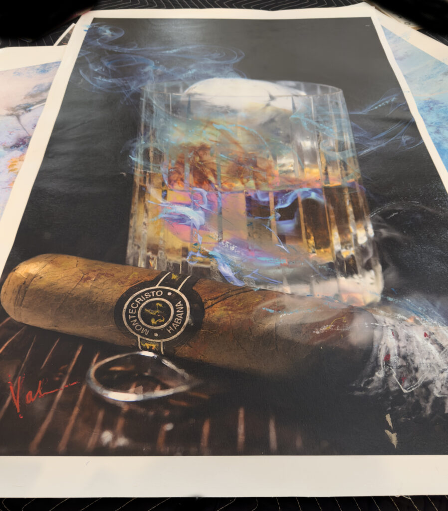 Montecristo Habana Cigar on ice 42 x 28 signed overpainted canvas