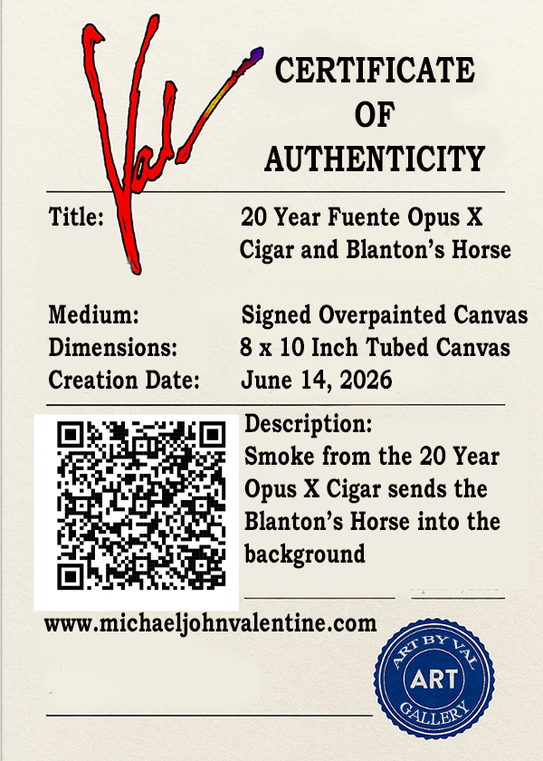 20 year opus x cigar with Blanton’s Bourbon horse in the smoke fine art canvas