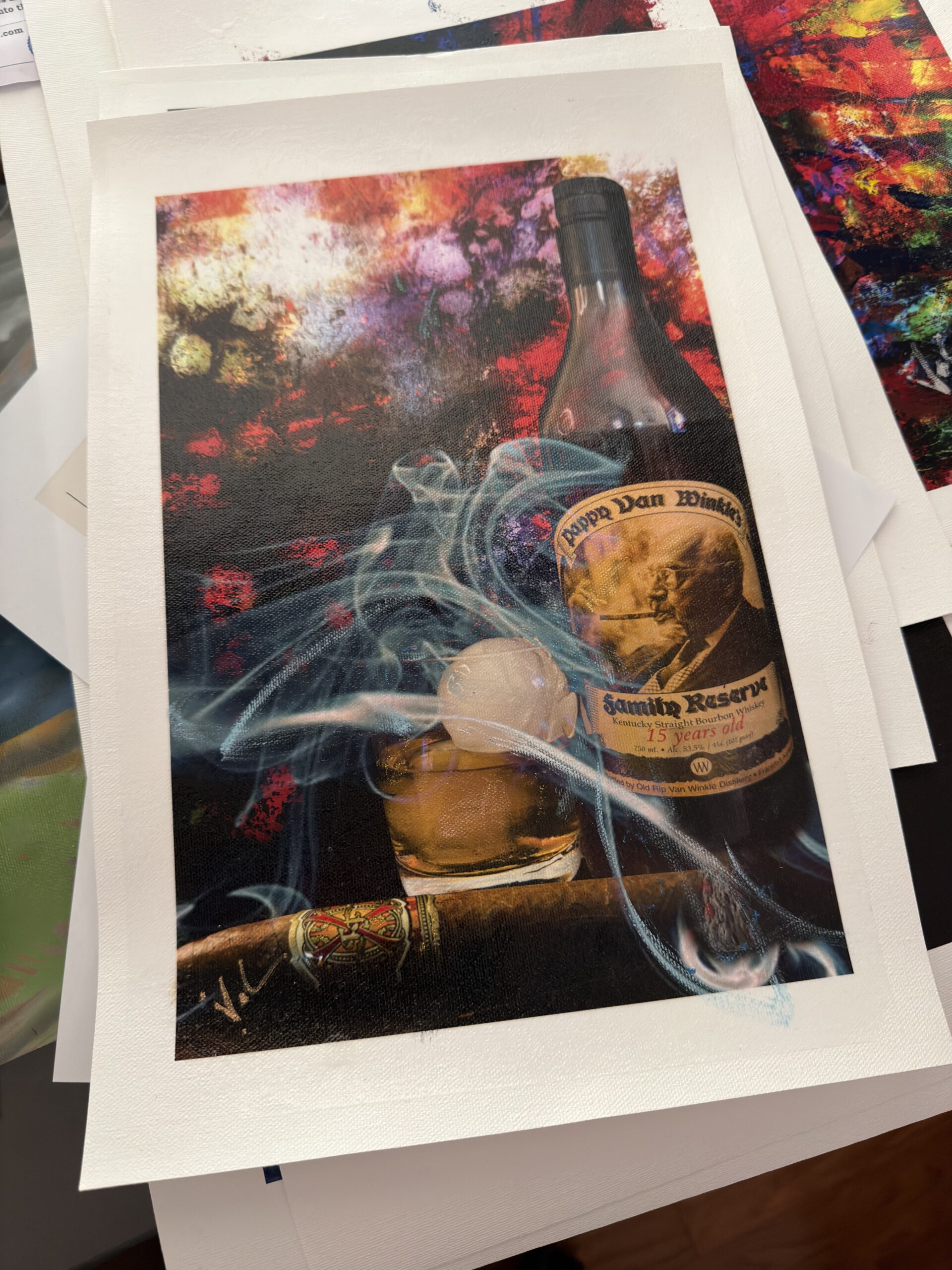 12 x 8 signed canvas with 15 year pappy van winkle's and fuente opus x cigar art